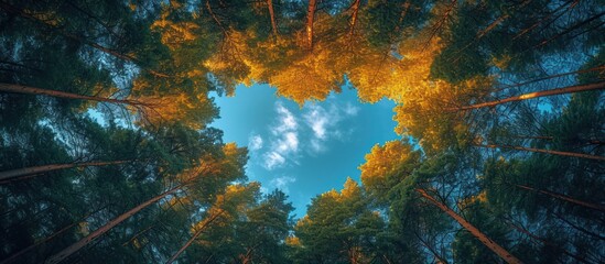 low angle view of pine trees in forest forming a heart against blue sky, perspective view from bottom to top - Powered by Adobe