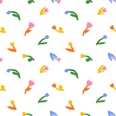 Colorful flower seamless pattern illustration. Children style floral doodle background, funny basic nature shapes wallpaper.