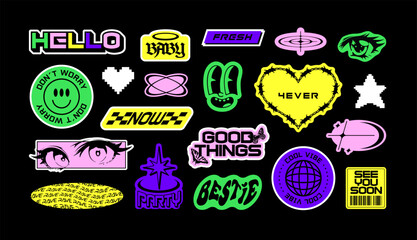 Obraz premium Trendy Y2K sticker illustration set. Retro 2000s text quote label collection. Funny futuristic tag with love heart, anime cartoon and party message. Gen z cyber style bundle.