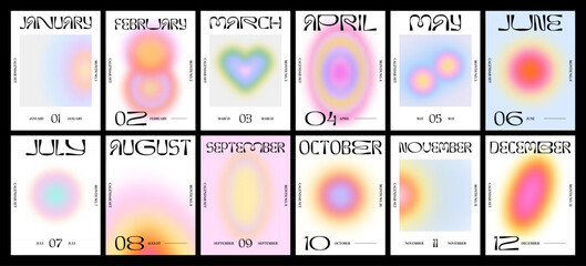 Monthly calendar soft blur gradient poster set. Abstract planner style banner collection with minimalist pastel color blurred shape and month text quote. Groovy year layout template design.