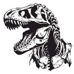 A skeletonized dinosaur head with a large mouth. The skull is black and white