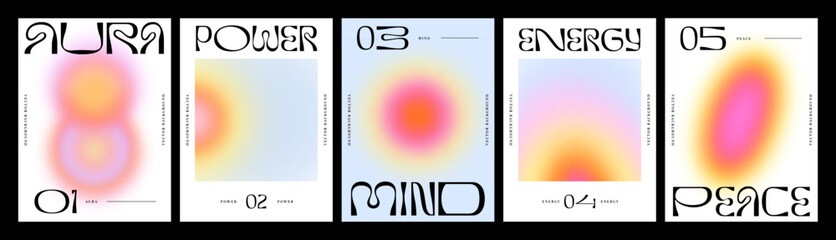 Modern soft blur gradient poster set. Abstract new age style banner collection with minimalist pastel color blurred shape and positive text quote. Aura, Mind, Peace typography design.