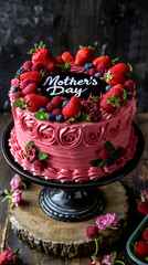 Obraz na płótnie Canvas Pink delicious cake with strawberries Congratulations for mom and with lettering Happy Mother's Day