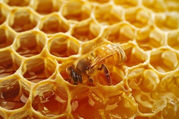 Close up of bee in honeycomb full of honey