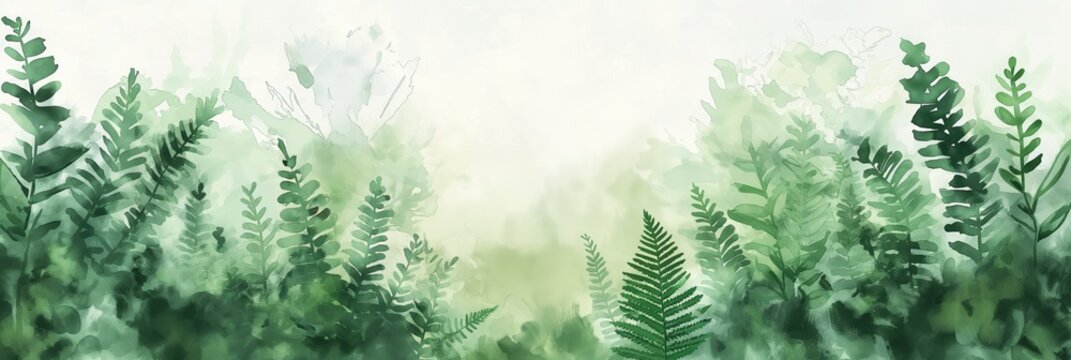 Misty botanical scene with layers of green ferns, giving a peaceful, ethereal vibe.