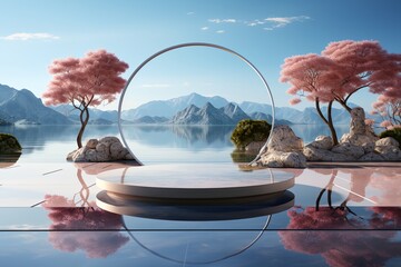 a round scene surrounded by rocks and plants on a beach - obrazy, fototapety, plakaty