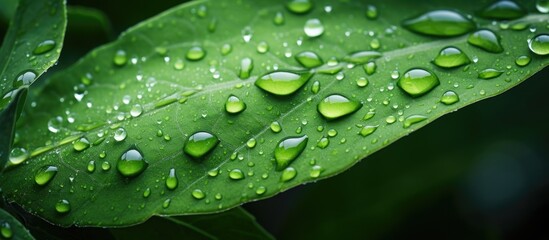 Take a detailed view of a leaf with tiny water droplets resting on its surface