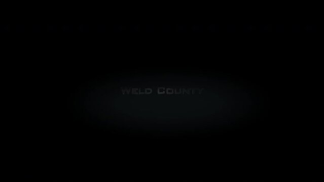 Weld County 3D title metal text on black alpha channel background