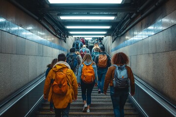 People climbing the subway stairs. Urban transport concept - obrazy, fototapety, plakaty