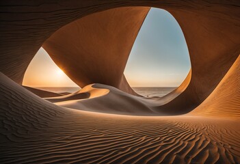 sand dune with a hollowed-out archway leading to the ocean. The sun is setting on the horizon, casting warm light on the sand.