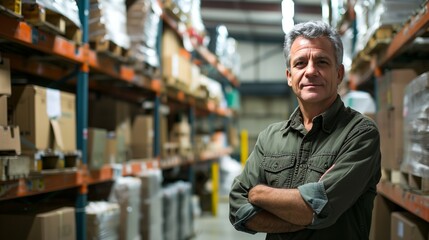 a man standing in a warehouse with his arms crossed - 764236643