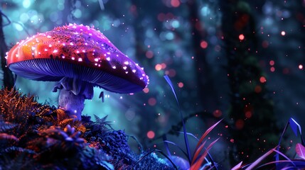 a colorful mushroom sitting on top of a lush forest