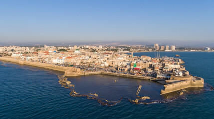 Panoramic Aerial View of Acco, Acre, Akko old city with crusader palace, city walls, arab market,...