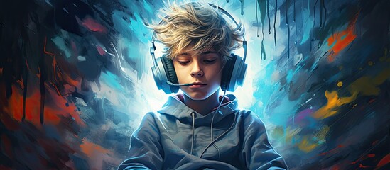 A painting depicting a young boy with headphones deeply focused while playing a video game