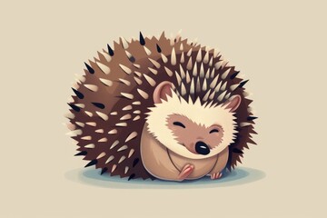 A hedgehog is tightly curled up into a ball, showing its spiky exterior. The adorable creature is protecting itself in a defensive posture - obrazy, fototapety, plakaty