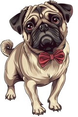 A playful pug dog wearing a vibrant red bow tie is happily wagging its tail