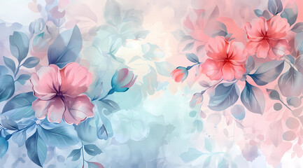 Colorful watercolor background with blooming flowers, pastel colors, soft and delicate floral pattern