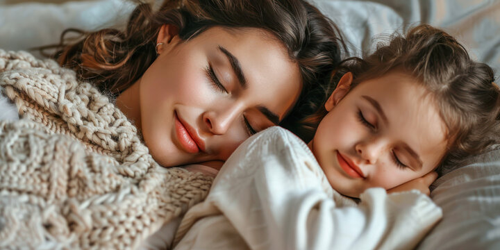A peaceful image capturing a mother and child enjoying a serene nap together, embodying the essence of Mother's Day.