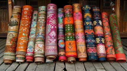 Colorful silk rolls tempt at a bustling market stall