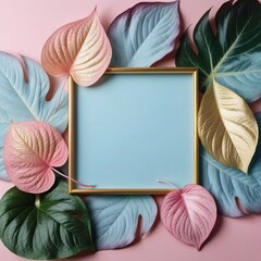 Gold Frame with Blank Blue Background Surrounded by Colorful Leaf Garland