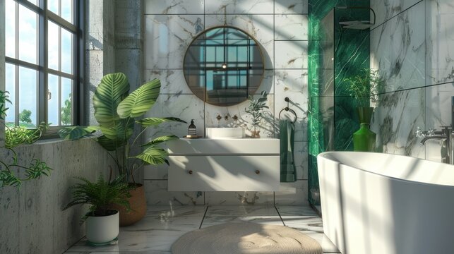 Modern bathroom white marble and dark green wall with tub, sink and round mirror. AI generated image