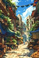 Fototapeta premium A painting showcasing a bustling street market brimming with a colorful array of fruits and vegetables. Vendors are seen selling their goods, while customers select items to purchase