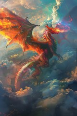 A powerful dragon with vibrant scales is seen flying gracefully through the sky, its wings outstretched as it breathes fire. The backdrop consists of billowing clouds and the vast expanse of the sky