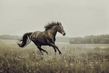 A powerful horse with a shiny coat is running at full speed through a vast field of tall green grass. Its mane and tail are flowing behind, demonstrating strength and grace in motion