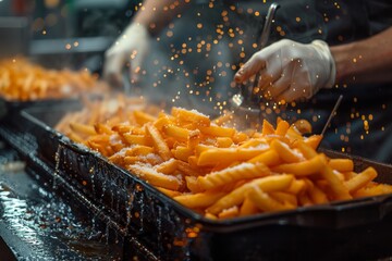 A focused chef is frying potatoes, with sparks of oil creating an energetic kitchen atmosphere - obrazy, fototapety, plakaty