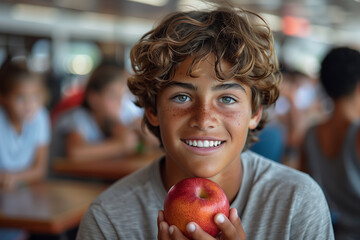 Cheerful Teen Holding an Apple in School Dining Hall