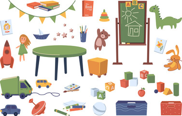 Classroom of kindergarten interior design elements set 