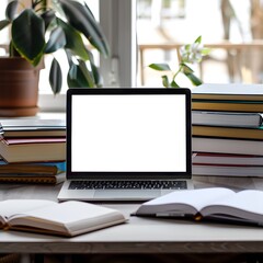 Mockup of a MacBook laptop next to a book and plants in front of a window, mockup of a laptop screen, pile of books next to a laptop screen