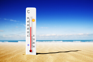 Hot summer day. Celsius scale thermometer in the sand. Ambient temperature plus 27 degrees - obrazy, fototapety, plakaty