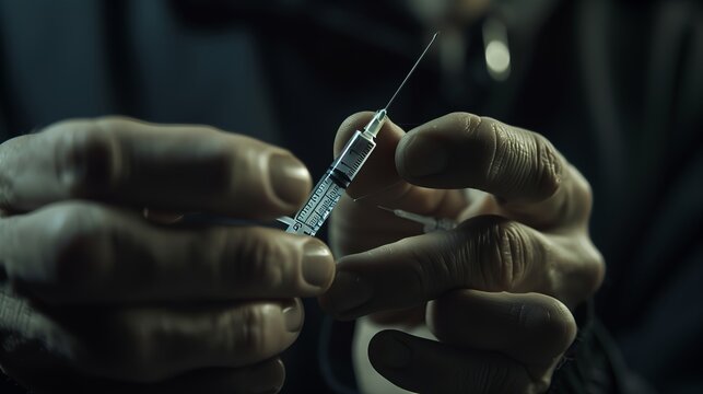 Close up of Man going to inject himself with the drug