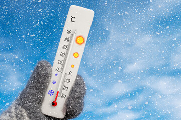 Celsius and fahrenheit scale thermometer in hand. Ambient temperature minus 24 degrees.