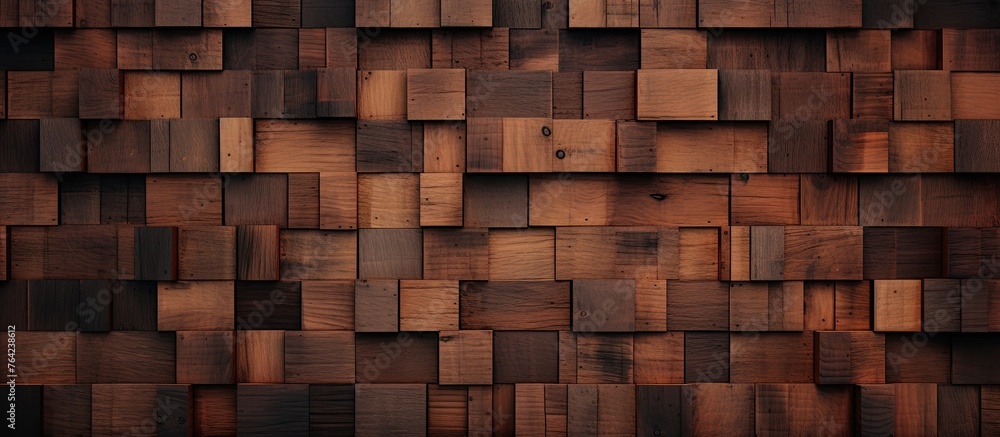 Poster an image of a wooden wall adorned with multiple squares in various colors and sizes