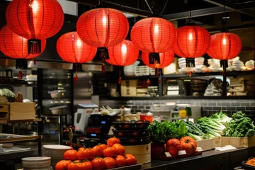Foto op Plexiglas red Chinese lanterns. Ceiling. Holiday. Chinese New Year. Asia. © Al