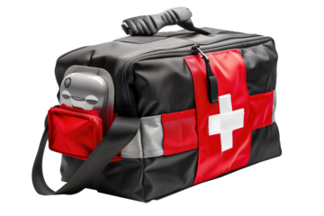 Ambulance bag with medicines, black and red, isolated on a white or transparent background. Emergency medical bag close up, side view. Medical theme design element.