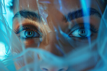 Intense Gaze Through Artistic Blue Veil