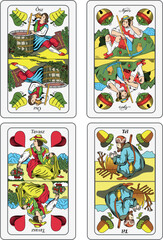 casino betting cards design, casino coins and gamble game, italian lucky pikes, king, queen, joker, playing cards, colorful cards illustration design