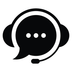 Live chat black icon. Online web support system. Concept of live chat, messages of speech bubble with dots and headphones. Flat vector illustration.