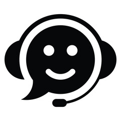 Live chat black icon. Online web support system. Concept of live chat, messages of speech bubble with dots and headphones. Flat vector illustration.