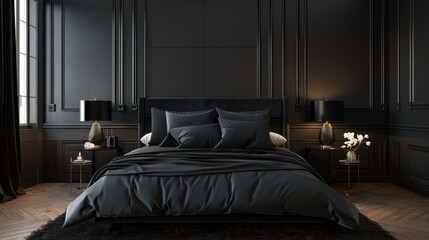 Luxury master bedroom interior design with bed, pillows, tables isolated black color. AI generated