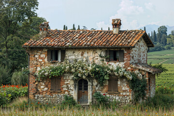 Quaint, vine-covered stone cottage with a terracotta roof nestled amid lush countryside