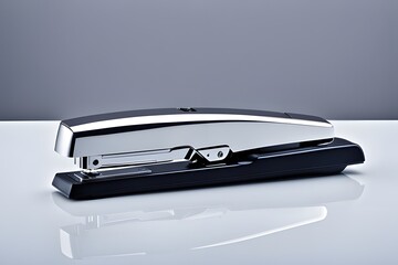 A silver stapler sits on a white surface
