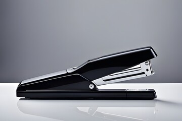 A silver stapler sits on a white surface - obrazy, fototapety, plakaty