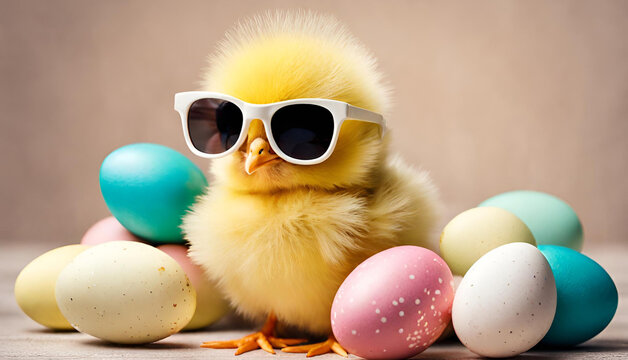 Chicks wear glasses On transparent background, Happy chick Yellow poultry wearing sunglasses, small baby bird in spring 