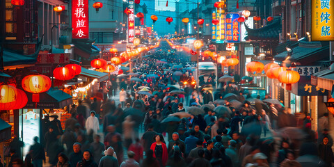 A street in the rain Metaverse Cyberpunk Night Market Interior Neon Lit Bazaar A bustling urban scene as a large crowd of people walks down a street lined with towering buildings A bustling.
