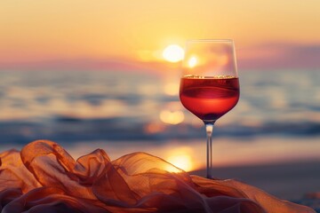 Glass of Wine on Beach - obrazy, fototapety, plakaty