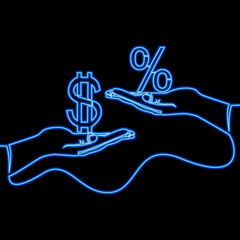 Businessman hand offer percentage sign with other giving dollar money icon neon glow vector illustration concept